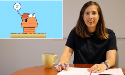 Stephanie Gorgon, channelling john oliver, with a cartoon of snoopy